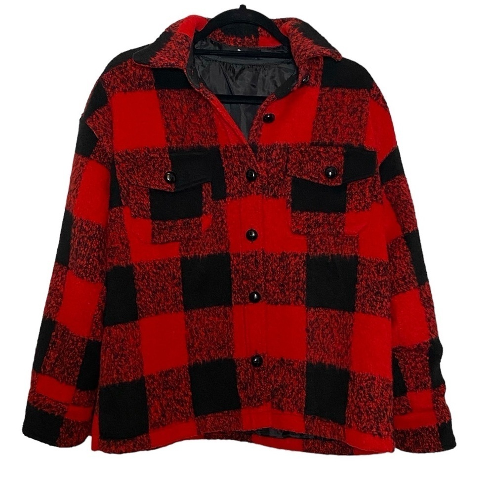 Pomander Place Tuckernuck Shirt Jacket Size Small Red Black Plaid Wool Blend